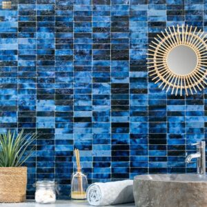 W4106 Mosaique Terre De Zellige 3X10 Cm Sur Plaque De 30.3X30 Cm 37 Magic Bleu ambiance